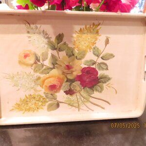 White Handpainted Shabby Chic Wood Serving Tray Rose Floral Handle cut out 17.5"
